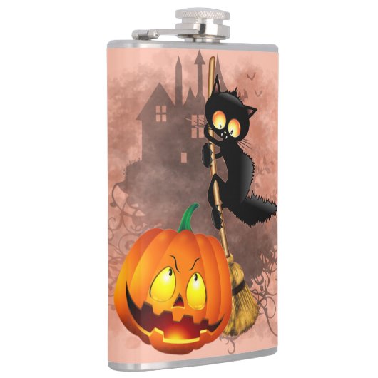 Cat Scared by Pumpkin Fun Halloween Charakter Flachmann (Rechts)