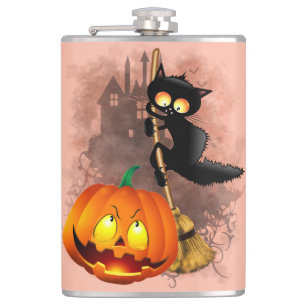 Cat Scared by Pumpkin Fun Halloween Charakter Flachmann