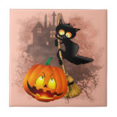 Cat Scared by Pumpkin Fun Halloween Charakter Fliese (Vorderseite)