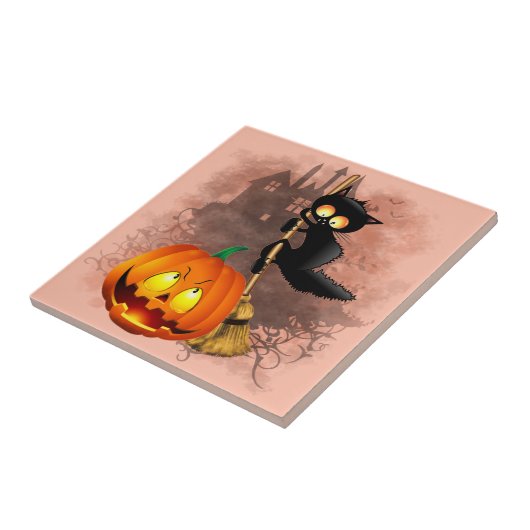 Cat Scared by Pumpkin Fun Halloween Charakter Fliese (Seite)