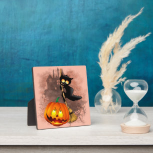 Cat Scared by Pumpkin Fun Halloween Charakter Fotoplatte