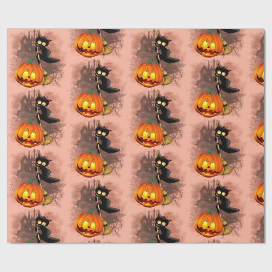 Cat Scared by Pumpkin Fun Halloween Charakter Geschenkpapier (Flach)