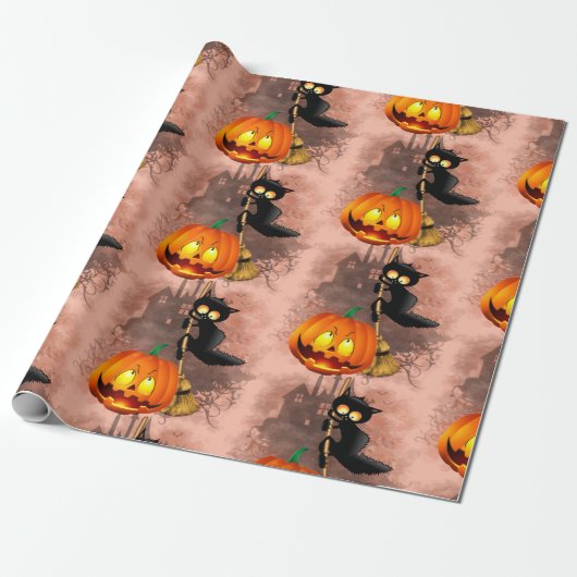 Cat Scared by Pumpkin Fun Halloween Charakter Geschenkpapier (Ungerollt)