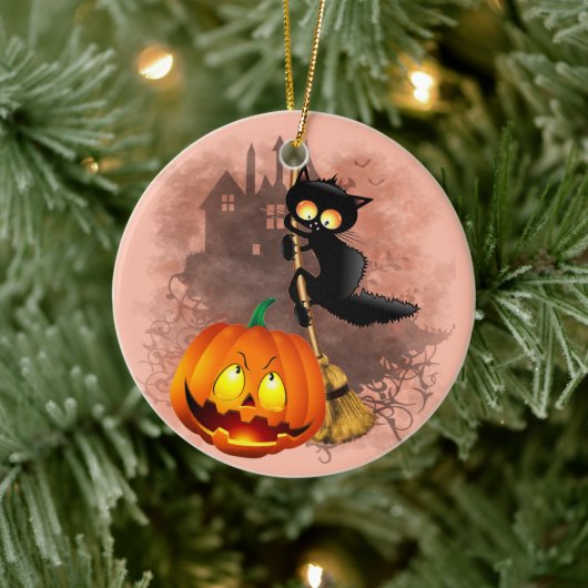 Cat Scared by Pumpkin Fun Halloween Charakter Keramik Ornament (Baum)