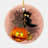 Cat Scared by Pumpkin Fun Halloween Charakter Keramik Ornament (Hinten)
