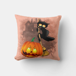 Cat Scared by Pumpkin Fun Halloween Charakter Kissen