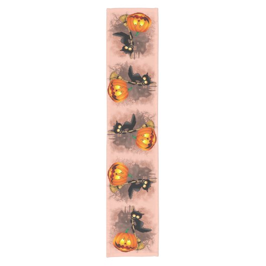 Cat Scared by Pumpkin Fun Halloween Charakter Kurzer Tischläufer (Vorderseite)