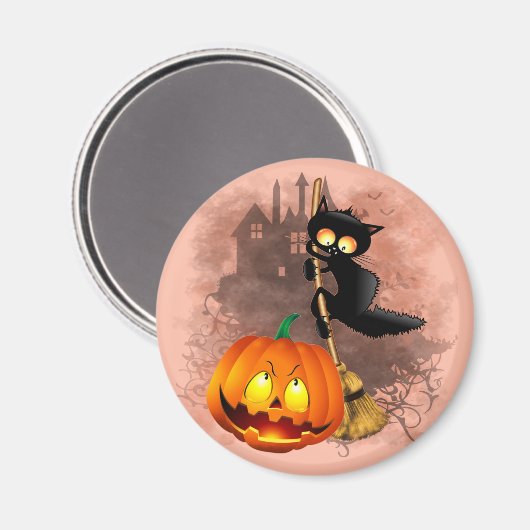 Cat Scared by Pumpkin Fun Halloween Charakter Magnet (Vorderseite/Rückseite)