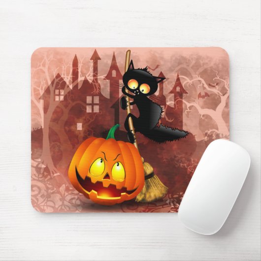 Cat Scared by Pumpkin Fun Halloween Charakter Mousepad (Mit Mouse)