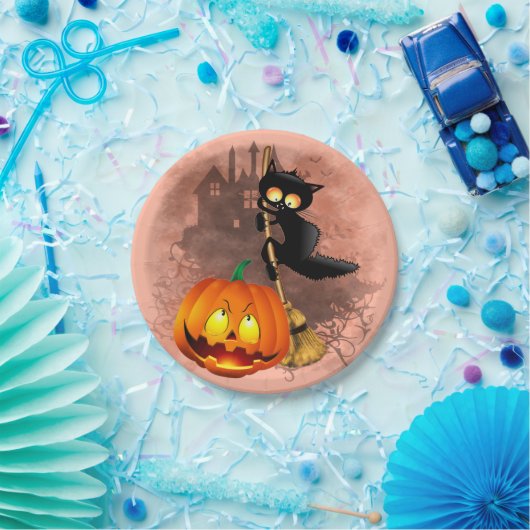 Cat Scared by Pumpkin Fun Halloween Charakter Pappteller (Party)