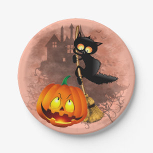 Cat Scared by Pumpkin Fun Halloween Charakter Pappteller