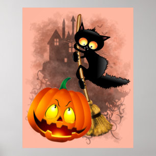 Cat Scared by Pumpkin Fun Halloween Charakter Poster