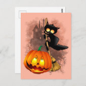 Cat Scared by Pumpkin Fun Halloween Charakter Postkarte (Vorne/Hinten)