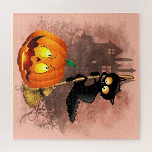 Cat Scared by Pumpkin Fun Halloween Charakter Puzzle (Horizontal)
