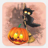 Cat Scared by Pumpkin Fun Halloween Charakter Quadratischer Aufkleber (Vorderseite)