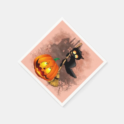 Cat Scared by Pumpkin Fun Halloween Charakter Serviette (Ecke)
