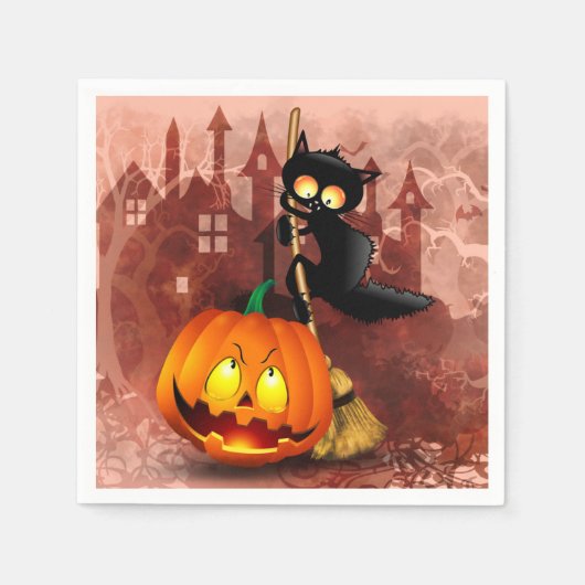 Cat Scared by Pumpkin Fun Halloween Charakter Serviette (Vorderseite)