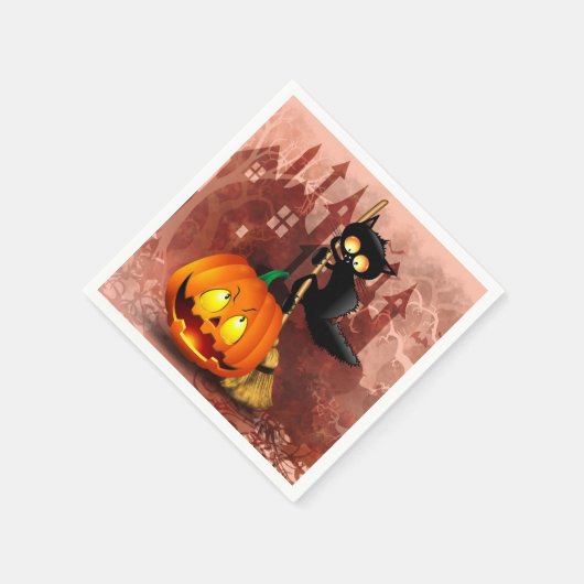 Cat Scared by Pumpkin Fun Halloween Charakter Serviette (Ecke)
