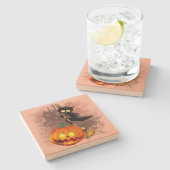 Cat Scared by Pumpkin Fun Halloween Charakter Steinuntersetzer (Seitenansicht)