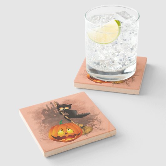 Cat Scared by Pumpkin Fun Halloween Charakter Steinuntersetzer (Seitenansicht)