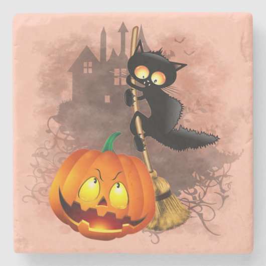 Cat Scared by Pumpkin Fun Halloween Charakter Steinuntersetzer (Vorderseite)