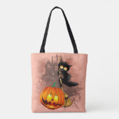 Cat Scared by Pumpkin Fun Halloween Charakter Tasche (Rückseite)