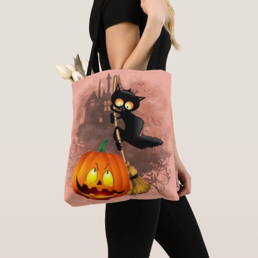 Cat Scared by Pumpkin Fun Halloween Charakter Tasche (Von Nahem)