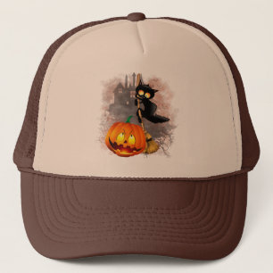 Cat Scared by Pumpkin Fun Halloween Charakter Truckerkappe