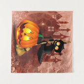 Cat Scared by Pumpkin Fun Halloween Charakter Wandteppich (Vorderseite (Horizontal))