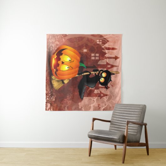 Cat Scared by Pumpkin Fun Halloween Charakter Wandteppich (Beispiel (Horizontal))