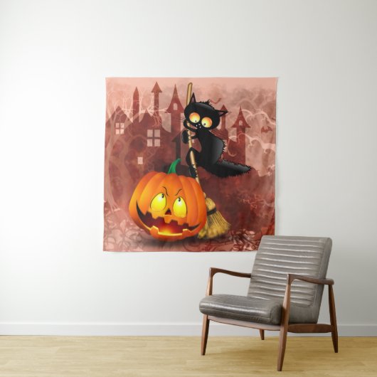 Cat Scared by Pumpkin Fun Halloween Charakter Wandteppich (Beispiel)