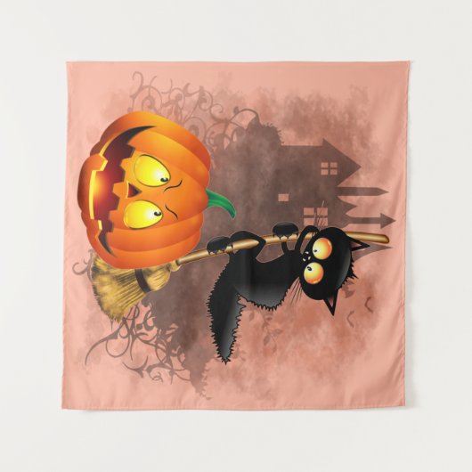 Cat Scared by Pumpkin Fun Halloween Charakter Wandteppich (Vorderseite (Horizontal))