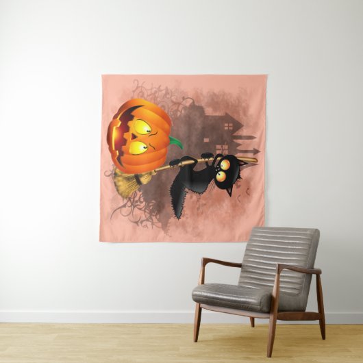 Cat Scared by Pumpkin Fun Halloween Charakter Wandteppich (Beispiel (Horizontal))