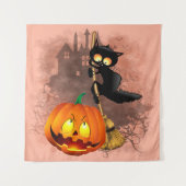 Cat Scared by Pumpkin Fun Halloween Charakter Wandteppich (Vorderseite)