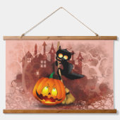 Cat Scared by Pumpkin Fun Halloween Charakter Wandteppich Mit Holzrahmen (Vorne)