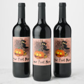 Cat Scared by Pumpkin Fun Halloween Charakter Weinetikett (Flaschen)
