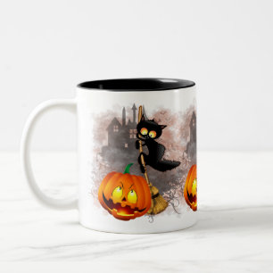 Cat Scared by Pumpkin Fun Halloween Charakter Zweifarbige Tasse