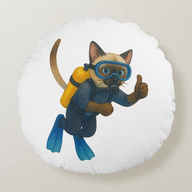 Cat scuba divers dive in the sea rundes kissen (Vorderseite)