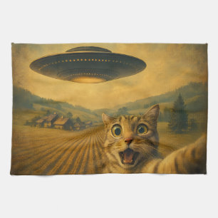 Cat Selfie mit Alien UFO Funny Cat Geschenke Geschirrtuch