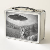 Cat Selfie mit Alien UFO Funny Cat Geschenke Metall Brotdose (Rückseite)