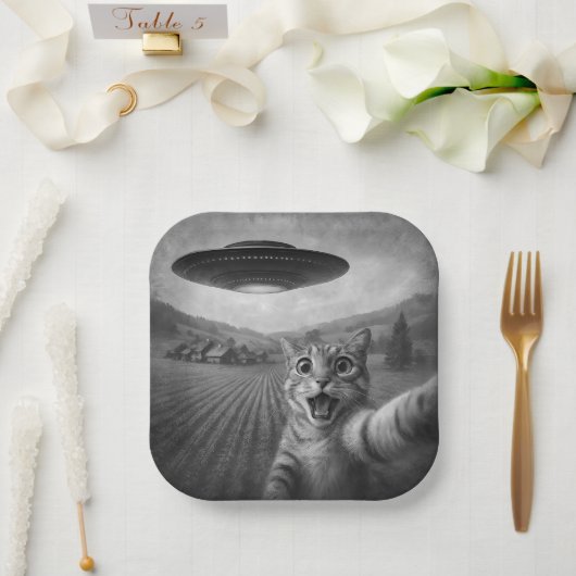 Cat Selfie mit Alien UFO Funny Cat Geschenke Pappteller (Hochzeit)