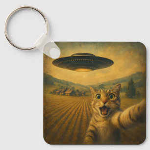 Cat Selfie mit Alien UFO Funny Cat Geschenke Schlüsselanhänger
