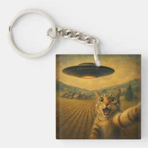 Cat Selfie mit Alien UFO Funny Cat Geschenke Schlüsselanhänger