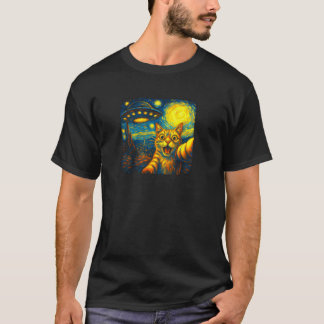 Cat Selfie mit Alien UFO Funny Starry Night Van G T-Shirt