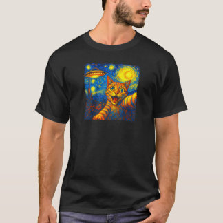 Cat Selfie mit Alien UFO Funny Starry Night Van G T-Shirt