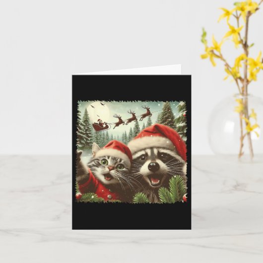 Cat Selfie mit Sleigh Weiß Funny Raccoon Karte (Gelbe Blume)