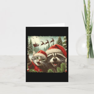 Cat Selfie mit Sleigh Weiß Funny Raccoon Karte