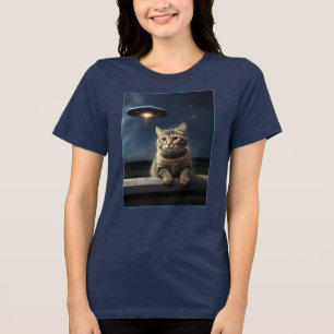 Cat Selfie UFO T-Shirt Womens Funny Alien Shirt