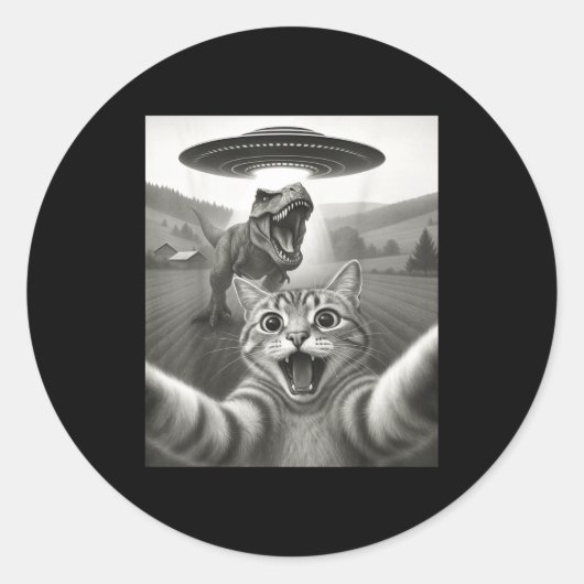Cat Selfie With Alien Ufo &amp; T-rex Dinosaur Fun Runder Aufkleber (Vorderseite)