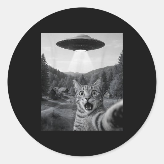 Cat Selfie With Alien Ufo Funny Cat Funny Ed Cat Runder Aufkleber (Vorderseite)
